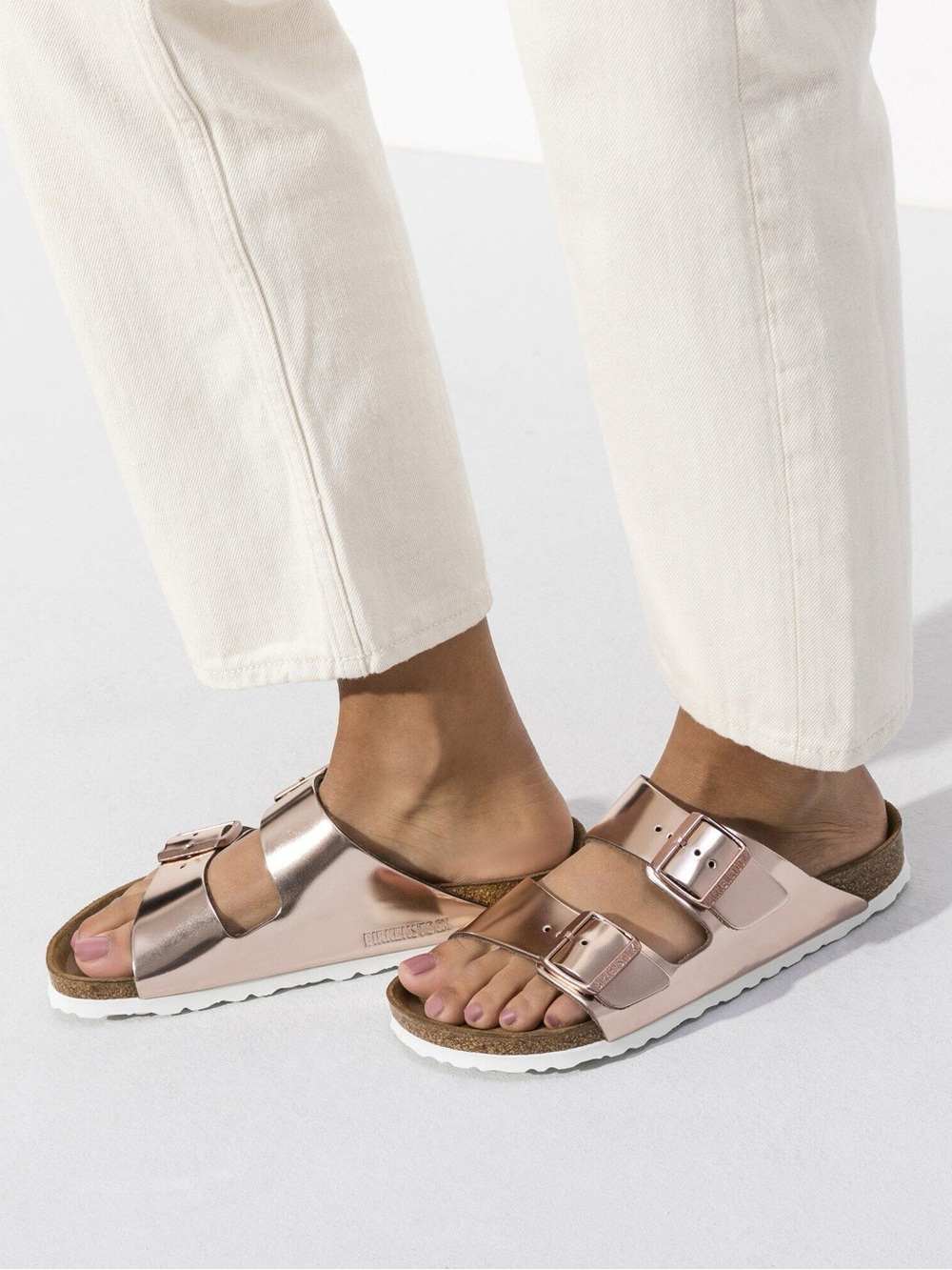 Birkenstock Arizona Metallic Rose Gold Two-Strap Sandals